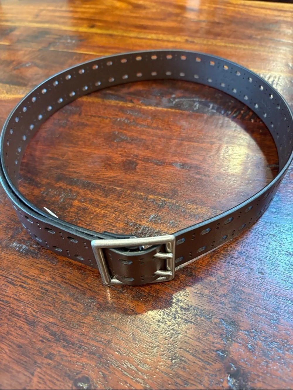 Vintage Ralph Lauren Double Prong Perforated Brown Bonded Leather Belt sz Medium